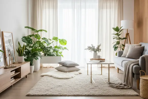 Sala decorada como wellness room com luz natural e atmosfera relaxante