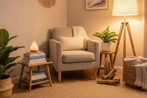 Cantinho wellness com cadeira confortável e iluminação suave