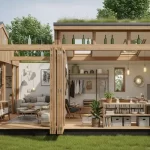 Casa sustentável com design eco-friendly, telhado verde, painéis solares e interior destralhado.