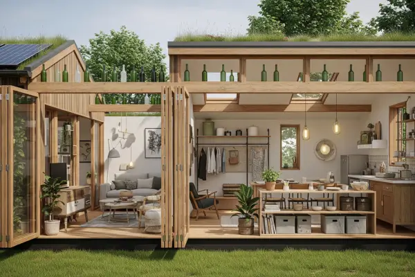 Casa sustentável com design eco-friendly, telhado verde, painéis solares e interior destralhado.