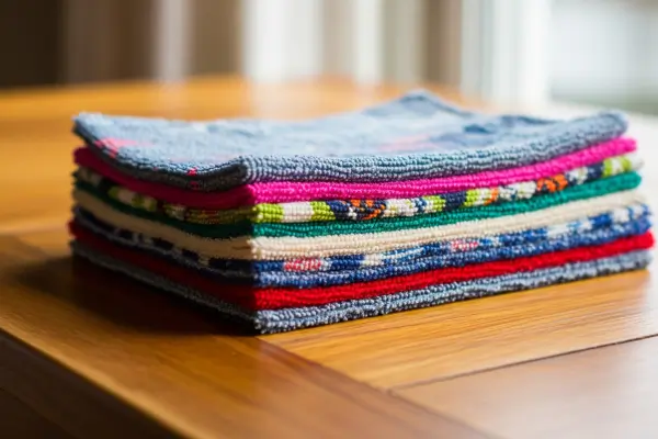 Panos de limpeza coloridos feitos de roupas reaproveitadas, dobrados sobre uma mesa de madeira.