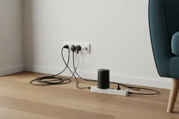 Tomadas organizadas com régua de energia e aparelhos desligados para economizar eletricidade.