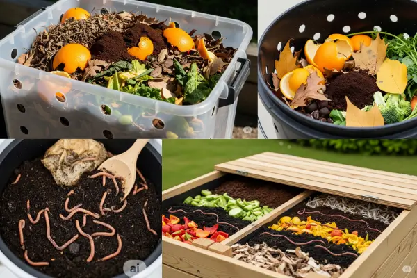 Composteira caseira com restos orgânicos, terra e minhocas, mostrando o processo de compostagem.