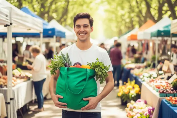 Pessoa sorrindo segurando sacola reutilizável de tecido em um mercado ao ar livre com ambiente alegre.