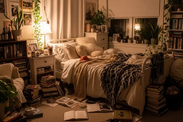 Quarto no estilo messy girl aesthetic com livros e plantas