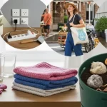 Mosaico visual de 7 pequenas ações de micro-sustentabilidade para transformar a casa: uso de LEDs, tomadas organizadas, utensílios reutilizáveis, captação de água da chuva, panos de reuso, sacola sustentável e composteira caseira.