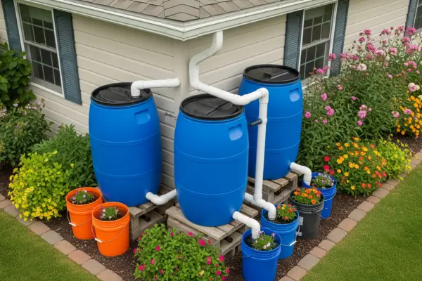 Sistema caseiro de captação de água da chuva com barris e plantas ao redor de uma casa.