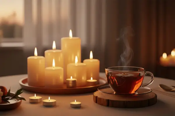 Cena noturna com velas e chá para ritual diário