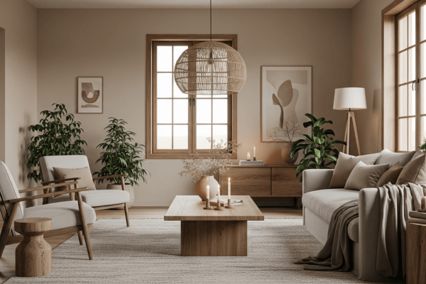Sala com decoração minimalista e foco no bem-estar