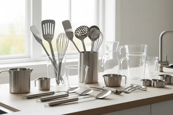 Utensílios de cozinha em vidro e inox, arrumados de forma elegante e sustentável na bancada.