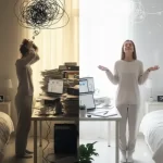 Mulher em dois momentos: à esquerda, estressada e com ambiente de trabalho bagunçado; à direita, relaxada e com ambiente organizado, simbolizando a simplificação da rotina e a leveza.